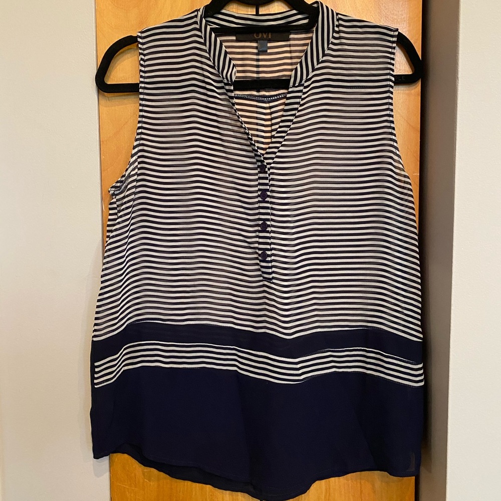 Navy & white stripe semi sheer button down tank